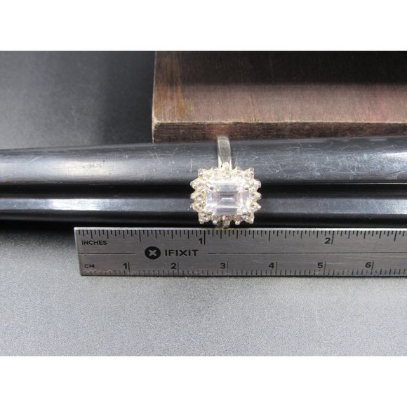 Size 7.75 Sterling Silver Tarnished Face Emerald Cut CZ Halo Band Ring - Picture 8 of 9